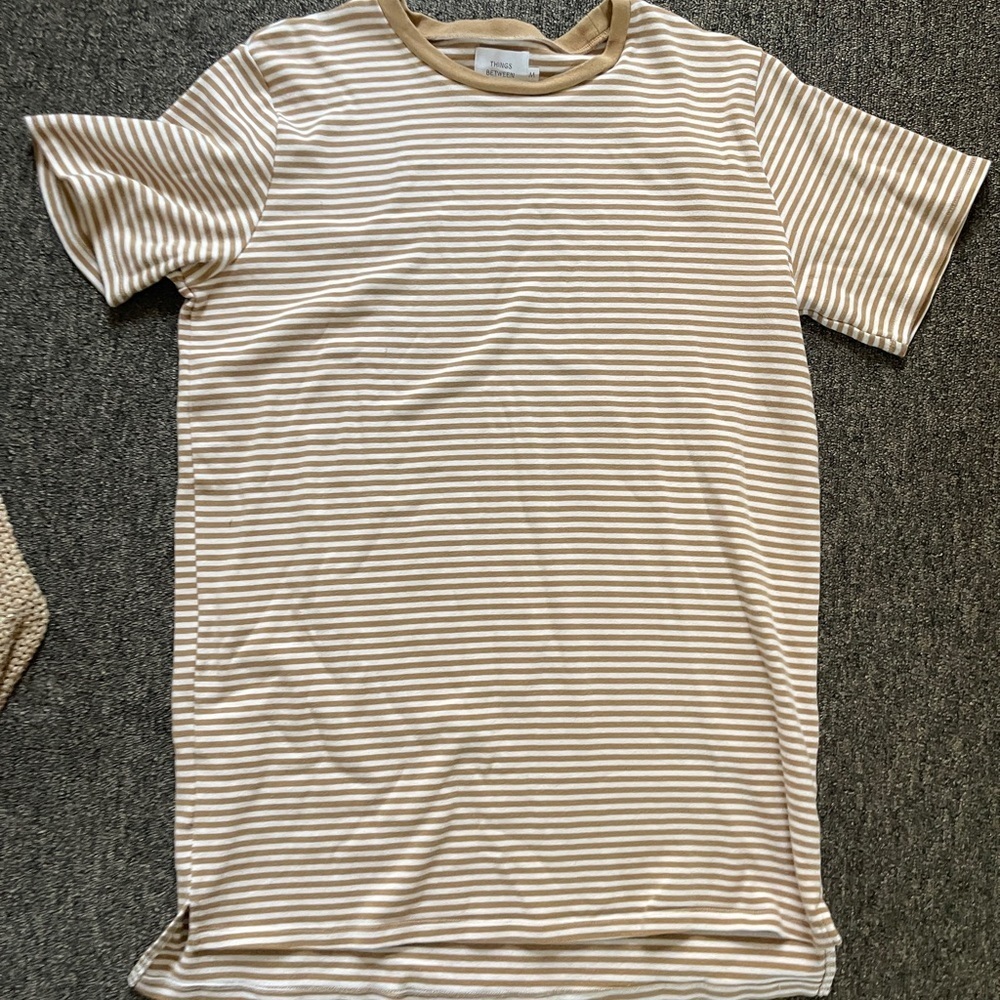 Things between Striped Tan and White womans tshirt dress size medium 100% cotton